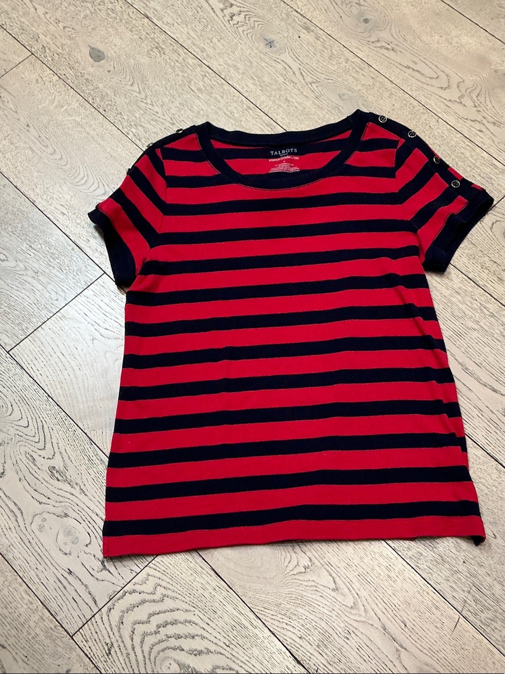 Woman’s Talbots navy/red stripe knit tee. Size X. Buttons on shoulder. Cute!
